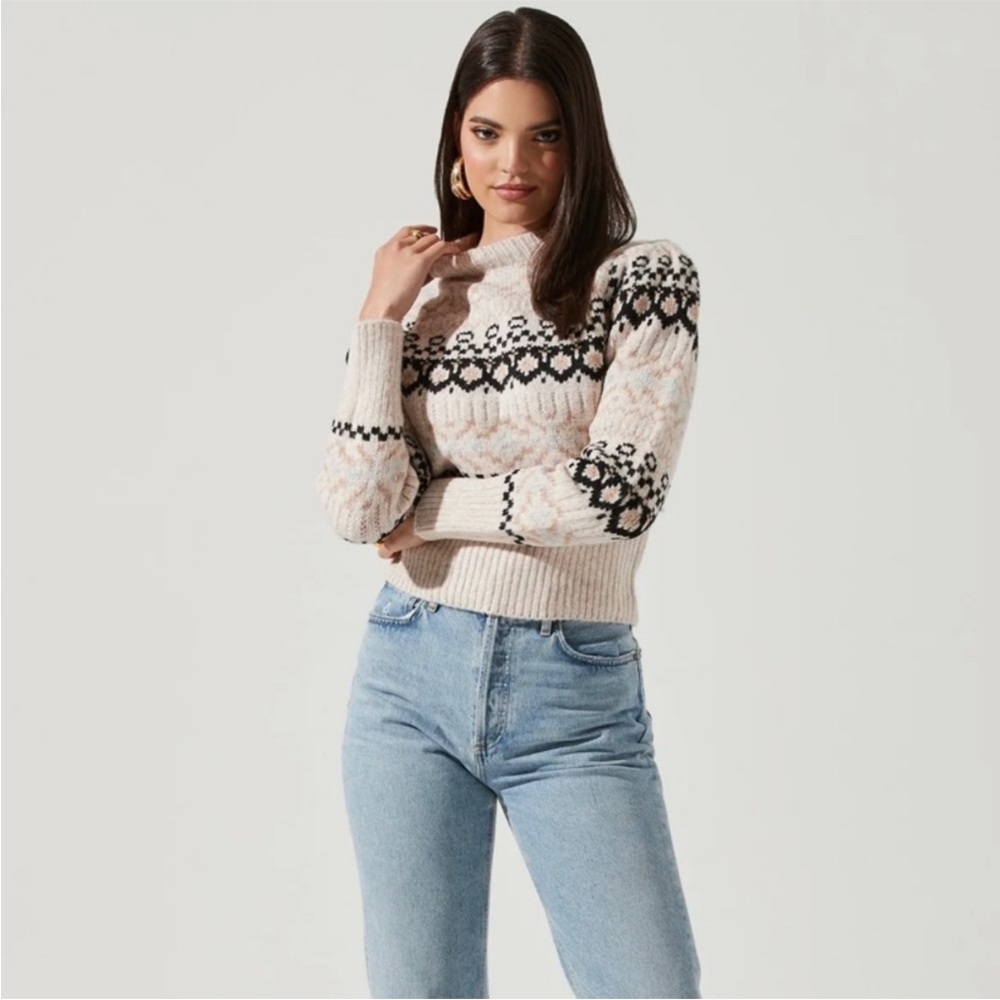 ASTR the Label Maria Mock Neck Fair Isle Knit Sweater - Ivory/Black - Medium - Picture 2 of 15